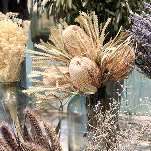 Sand coloured dried flowers outside little eco shop in Oxfordshire UK with five different types of dried flowers around edge of photo