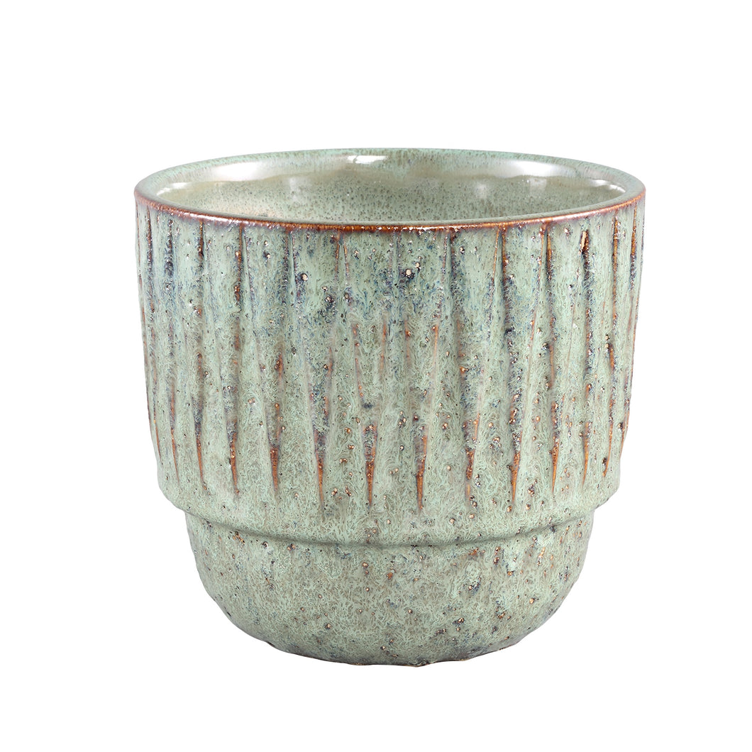 Semma Green glazed ceramic pot stripe pattern
