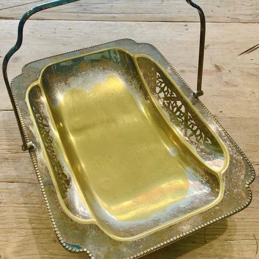 Brass and Silver dish with foldable handle